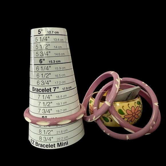 NWT Fantasia India Floral Yellow Purple Bangles Hand Painted Carved Set of 5 - Picture 6 of 10